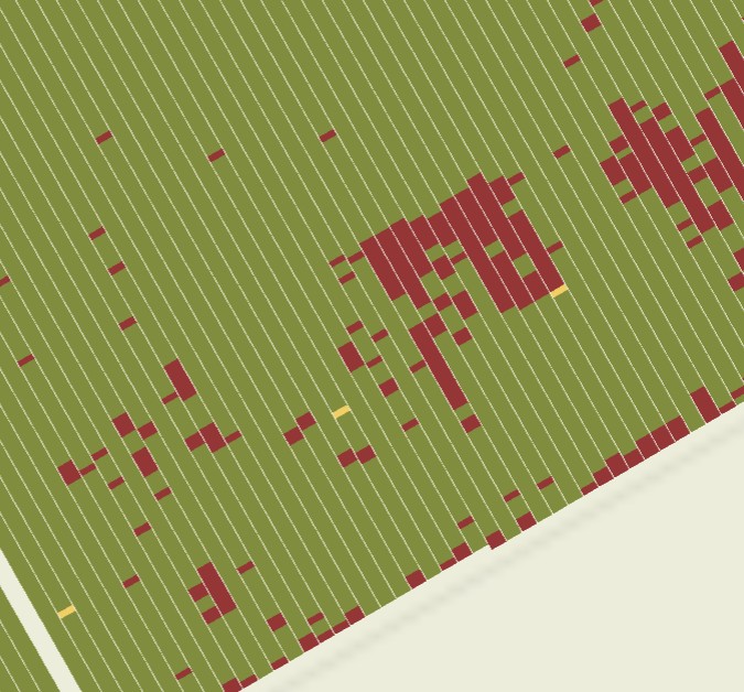 Green Atlas grid map, red cells show missing tree locations